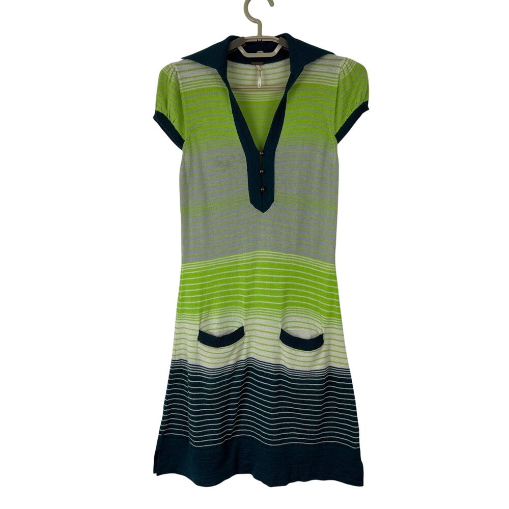 Free People Green Striped Sweater Dress Y2K 00s cap sleeve Small wool
